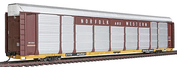 920-101410 - 89' Thrall Enclosed Tri-Level Auto Carrier - Ready to Run -- Norfolk & Western ETTX #902581 (brown Rack, yellow Trailer-Train Flat)